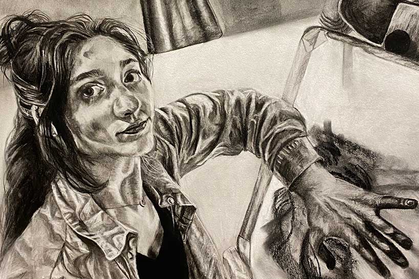 pencil drawing of woman at table
